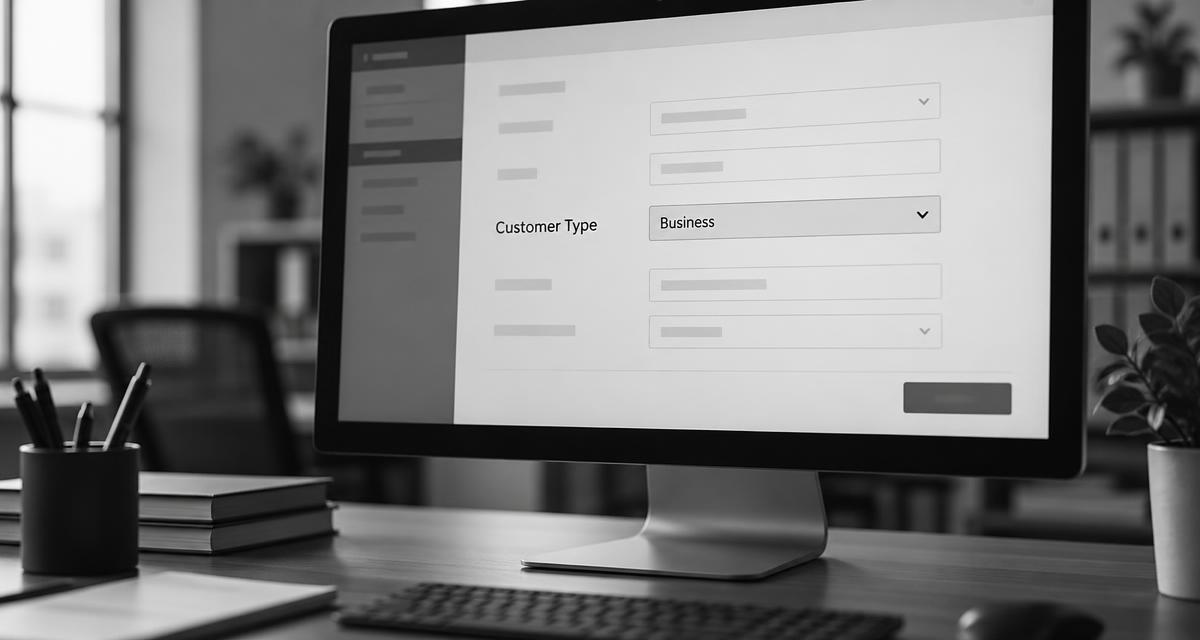 A computer screen showing a business application form with a field labeled Customer Type, photographed in black and white.