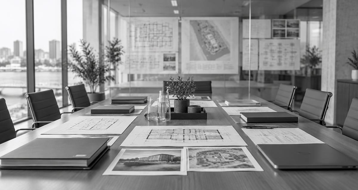 An empty project meeting room with folders and printed diagrams laid out on a long table, photographed in black and white.