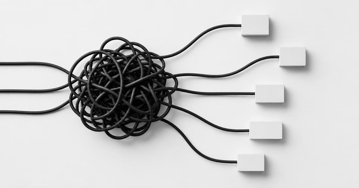A complex knot of black cables connecting separate system blocks.